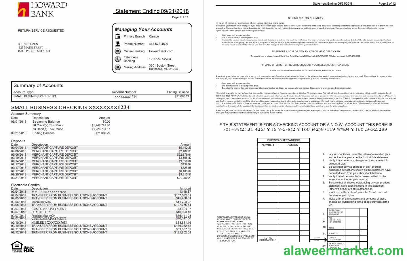 USA Maryland Howard Business bank statement template, Word and PDF format (.doc and .pdf) (4 pages)